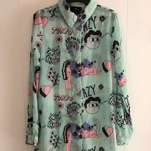 Lazy Oaf Tops - Lazy Oaf Bukimi Go Go Tokyo Oversized Shirt Dress Lazy Oaf Tops - Lazy Oaf Bukimi Go Go Tokyo Oversized Shirt Dress